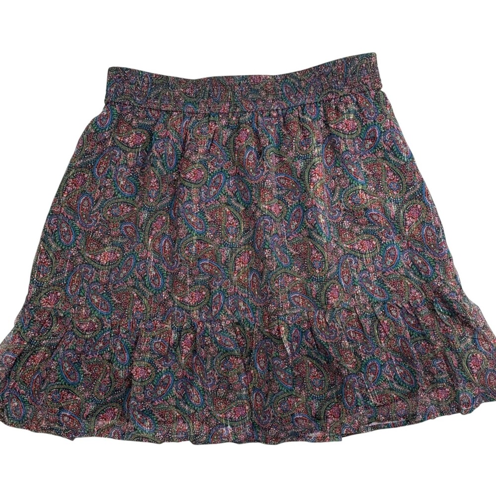LOFT Dark Paisley Ruffle Skirt Gold Lame Shimmer Boho Indie Flouncy Short S